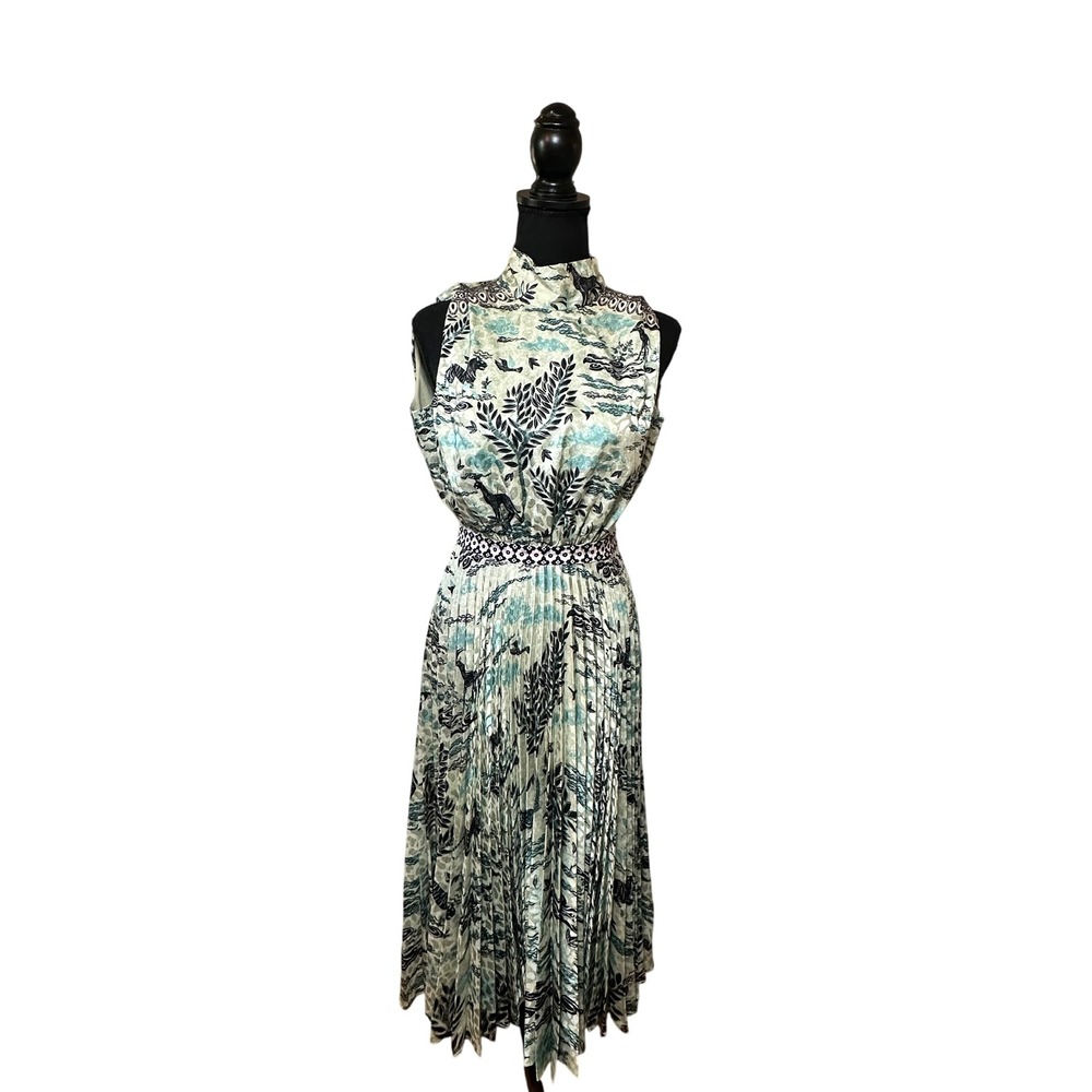 Saloni Fleur-E Speckle Safari Pleated Midi Dress Mint Blue US 2 NEW $495